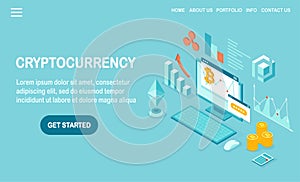 Cryptocurrency and blockchain. Mining bitcoins. Digital payment with virtual money, finance. 3d isometric computer, laptop with