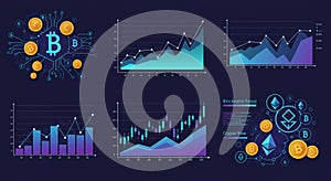 Cryptocurrency and blockchain theme with digital graphs and Bitcoin (?) symbols. The