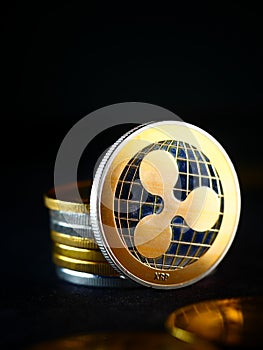 Cryptocurrency business concept. Close up of gold altcoin in hand. World cryptocurrency business. Modern blockchain technology. In