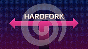 Cryptocurrency coin hardfork text over the split arrows.