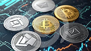 Cryptocurrency Coins Bitcoin Ethereum Litecoin Binance and Cardano on Circuit Board Background photo