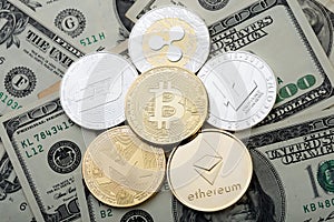 Cryptocurrency coins - Bitcoin and other close up