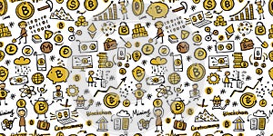 Cryptocurrency concept art, bitcoin mining technology. Seamless pattern background for web banners, images, printed