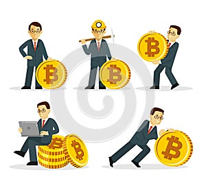 Cryptocurrency concept with busines man and gold coin.