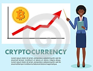 Cryptocurrency concept. Businesswoman and graph with trend line rising up and coin with a sign of bitcoin in flat style isolated.