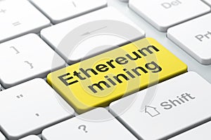 Cryptocurrency concept: Ethereum Mining on computer keyboard background