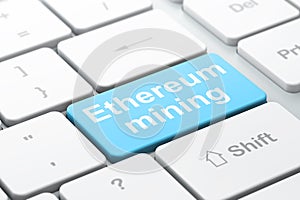 Cryptocurrency concept: Ethereum Mining on computer keyboard background