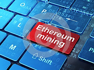 Cryptocurrency concept: Ethereum Mining on computer keyboard background