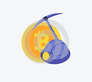 Cryptocurrency concept of mining and coins. Symbol of pick and helmet and bitcoin coin