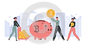 Cryptocurrency concept. People putting gold bitcoins into piggy bank. Female and male characters accumulating money