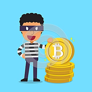 Cryptocurrency concept a thief with big coin stack