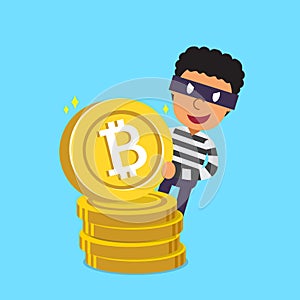 Cryptocurrency concept vector cartoon thief with big coin stack