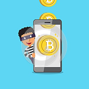 Cryptocurrency concept vector cartoon thief and smartphone earning money coins