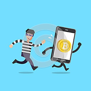 Cryptocurrency concept vector cartoon thief and smartphone with money coin