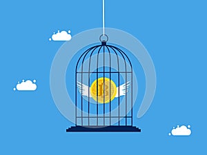 Cryptocurrency control. Confine or lock digital coins in a birdcage. concept of finance and investment