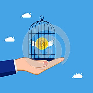 Cryptocurrency control. Confine or lock digital coins in a birdcage. concept of finance and investment