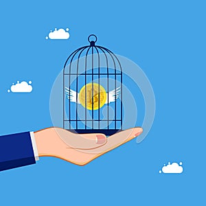 Cryptocurrency control. Confine or lock digital coins in a birdcage. concept of finance and investment photo