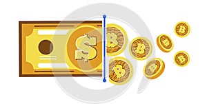 Cryptocurrency conversion, digital money, banknotes and coins, isolated icon