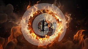 Cryptocurrency crisis. Bitcoin symbol goes down in fire