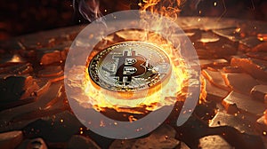 Cryptocurrency crisis. Bitcoin symbol goes down in fire