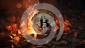 Cryptocurrency crisis. Bitcoin symbol goes down in fire