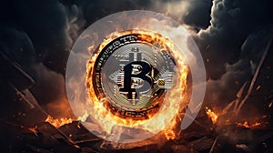 Cryptocurrency crisis. Bitcoin symbol goes down in fire