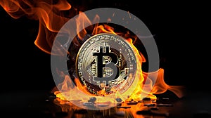 Cryptocurrency crisis. Bitcoin symbol goes down in fire