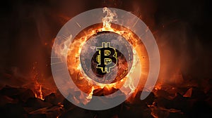 Cryptocurrency crisis. Bitcoin symbol goes down in fire