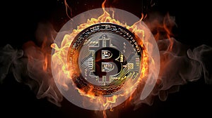 Cryptocurrency crisis. Bitcoin symbol goes down in fire