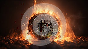 Cryptocurrency crisis. Bitcoin symbol goes down in fire