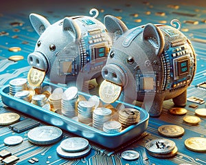 Cryptocurrency Digital Money Savings Circuit Board Electronics Online Savings Piggy Bank AI Generated