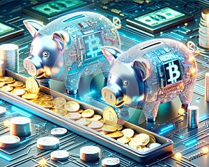 Cryptocurrency Digital Money Savings Circuit Board Electronics Online Savings Piggy Bank AI Generated