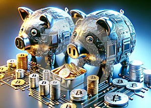 Cryptocurrency Digital Money Savings Circuit Board Electronics Online Savings Piggy Bank AI Generated