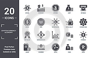 cryptocurrency.economy icon set. include creative elements as bitcoin, withdraw, digital wallet, stocks, e-business, best seller