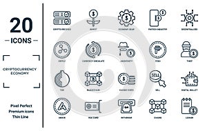 cryptocurrency.economy linear icon set. includes thin line crypto records, ripple, tor, ardor, ledger, anonymity, digital wallet