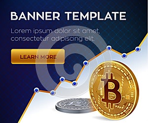 Cryptocurrency editable banner template. Bitcoin. 3D isometric Physical bit coin. Golden and silver bitcoins. Vector illustration.