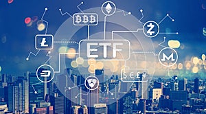 Cryptocurrency ETF theme with aerial view of city skylines