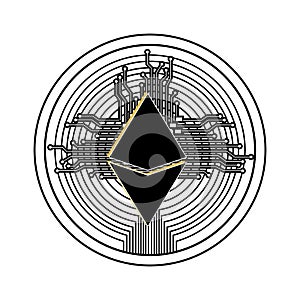 Cryptocurrency etherum coin with circuit lines