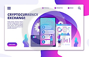 Cryptocurrency exchange landing page. Online crypto payment. Business marketplace web vector design