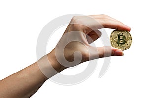 Cryptocurrency golden bitcoin coin. Isolated on white. Hand holding symbol of crypto currency - electronic virtual money