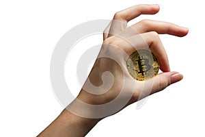 Cryptocurrency golden bitcoin coin. Isolated on white. Hand holding symbol of crypto currency - electronic virtual money