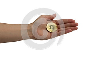 Cryptocurrency golden bitcoin coin. Isolated on white. Hand holding symbol of crypto currency - electronic virtual money