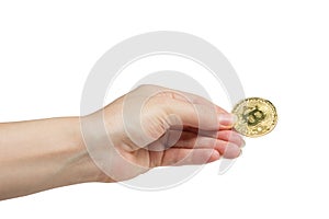 Cryptocurrency golden bitcoin coin. Isolated on white. Hand holding symbol of crypto currency - electronic virtual money