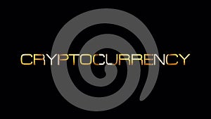 CRYPTOCURRENCY golden text with light glowing effect isolated with alpha channel Quicktime Prores 4444 encode. 4K 3D rendering.
