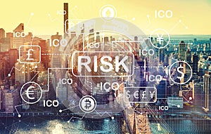 Cryptocurrency ICO risk theme with aerial view of Manhattan, NY