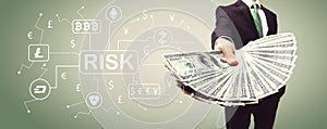 Cryptocurrency ICO risk theme with business man with cash