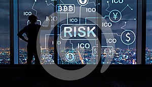 Cryptocurrency ICO risk theme with man by large windows at night