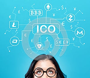 Cryptocurrency ICO theme with young woman