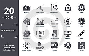 cryptocurrency icon set. include creative elements as money bag, monero, ethereum, budget accounting, banker, decentralized filled