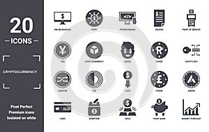 cryptocurrency icon set. include creative elements as online banking, point of service, rupee, loss, donation, random filled icons